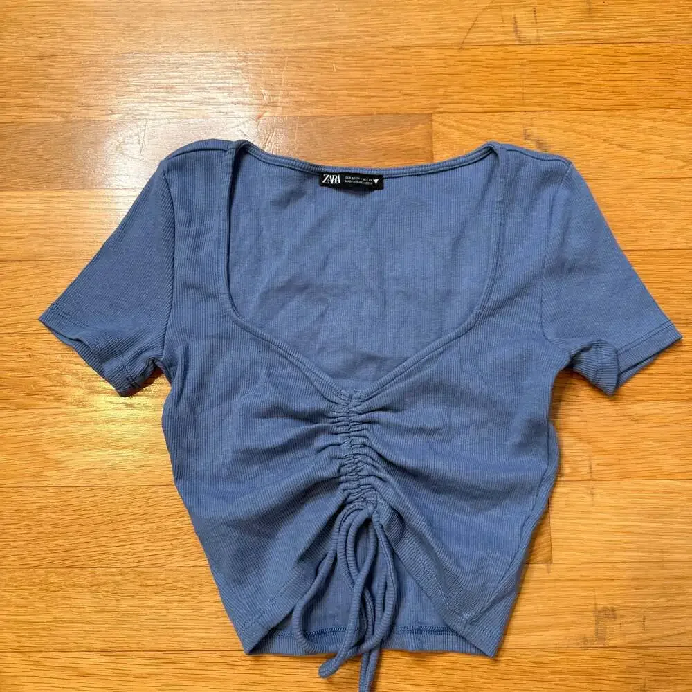 Zara Blue Ribbed Ruched Drawstring Front Crop Top - Picture 3 of 5